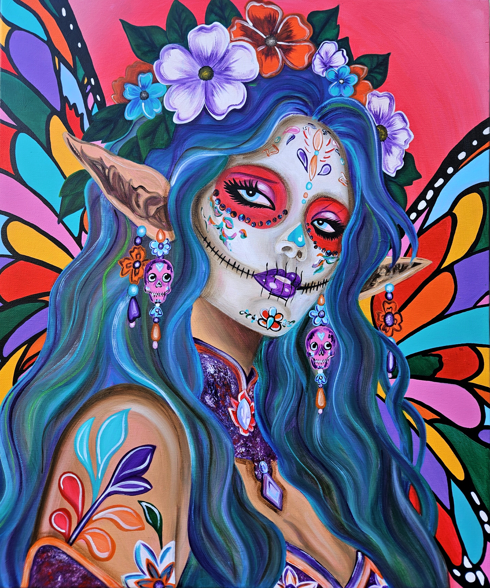 painting of mexican catrina with wings