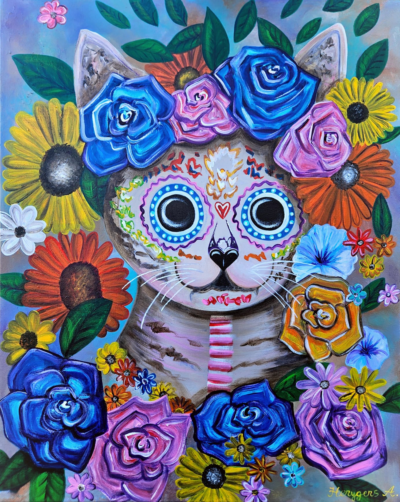 painting of mexican catrina cat