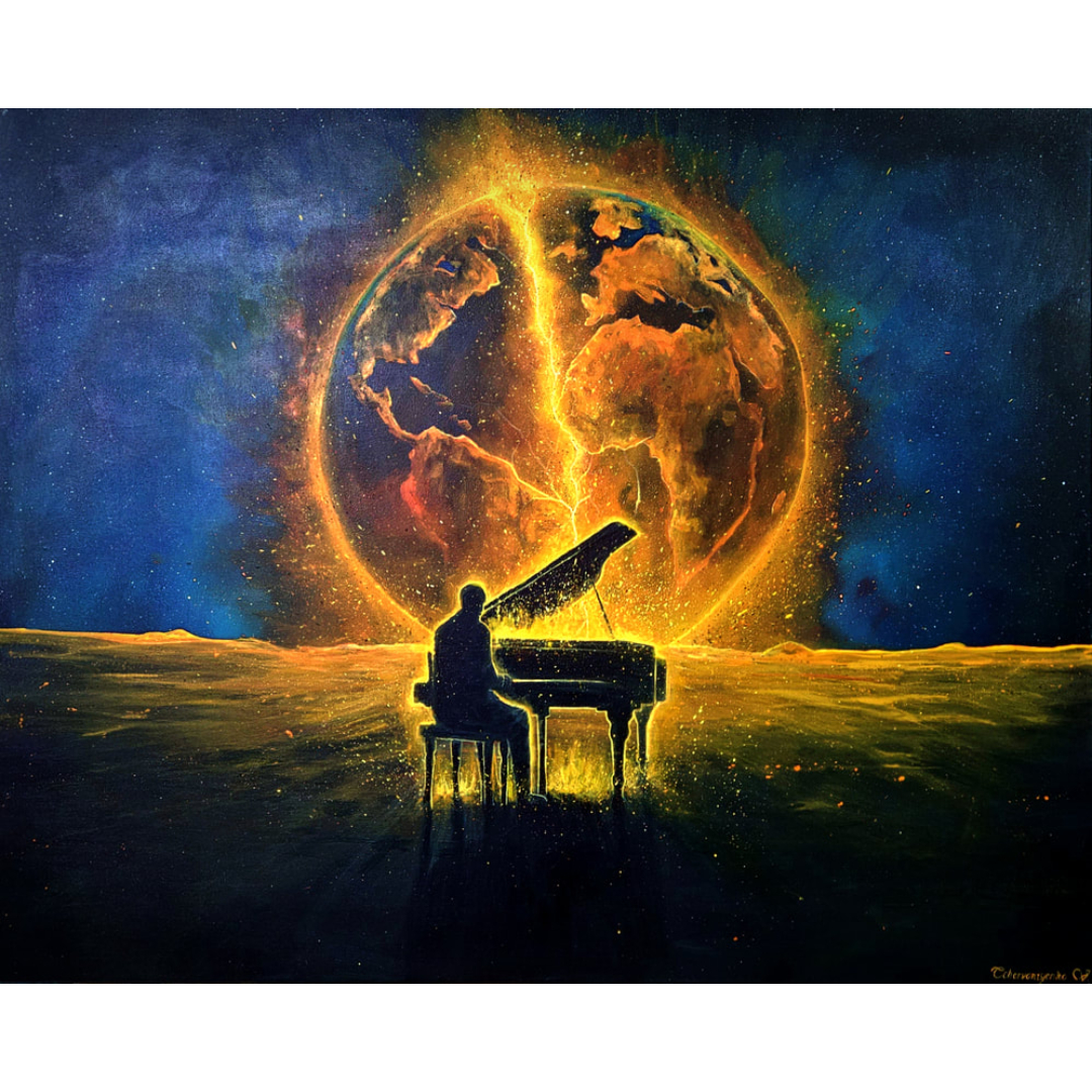 painting of a man behind a piano on a planet