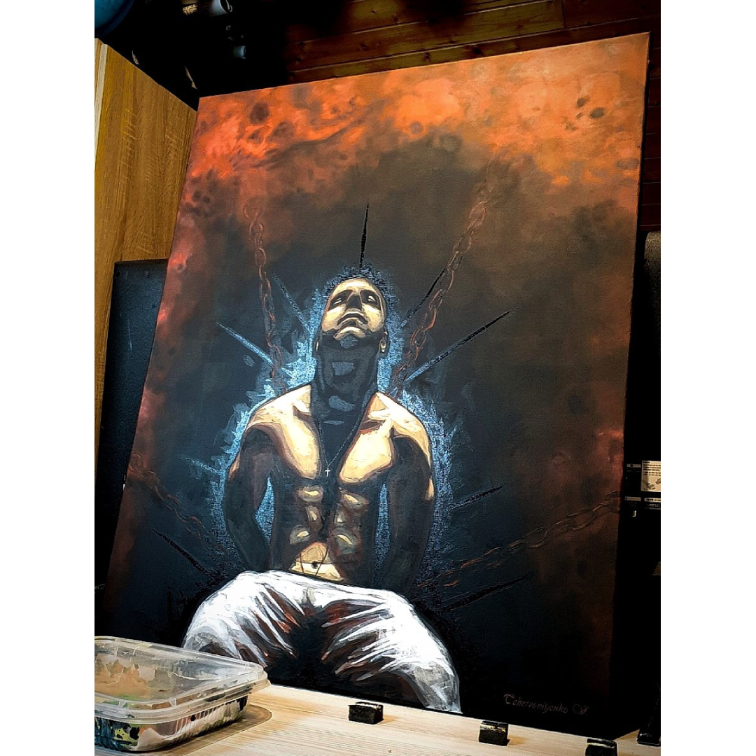 painting of a chained man