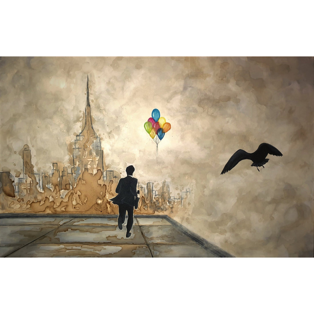 painting of a man running towards a city