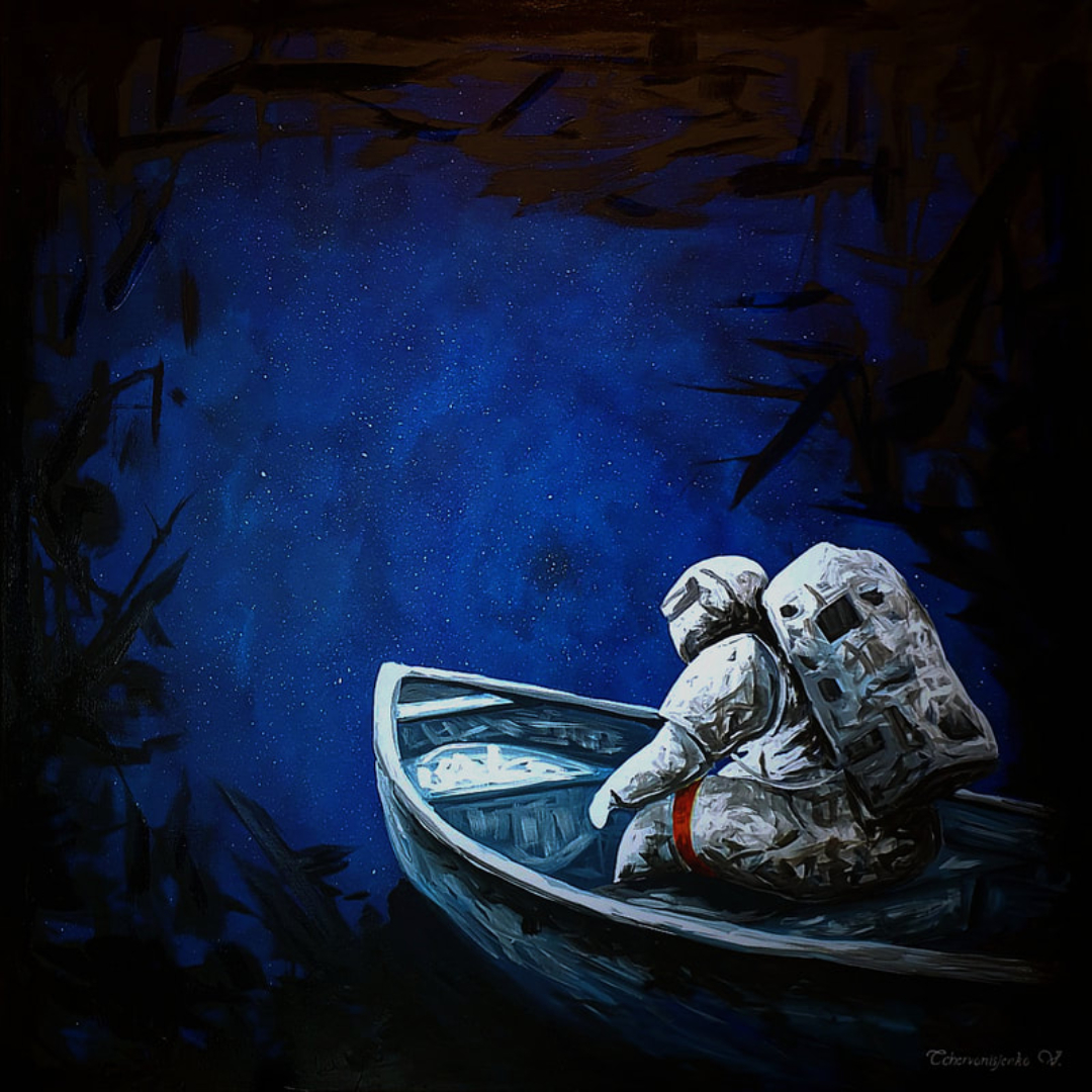painting of an astronaut in a boat