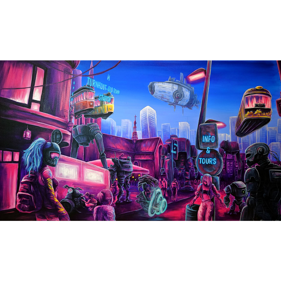 painting of a futuristic city