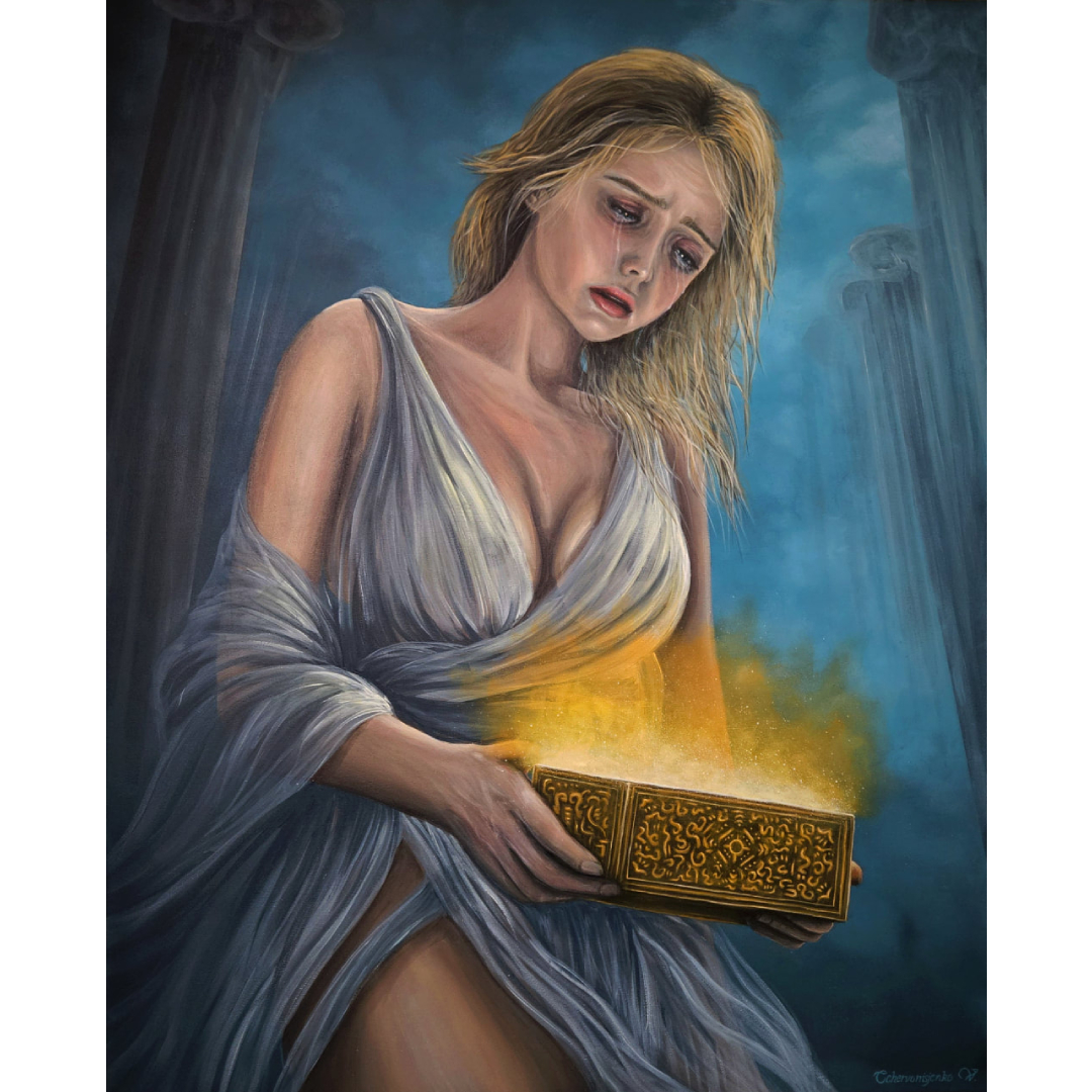 painting of a lady holding a box