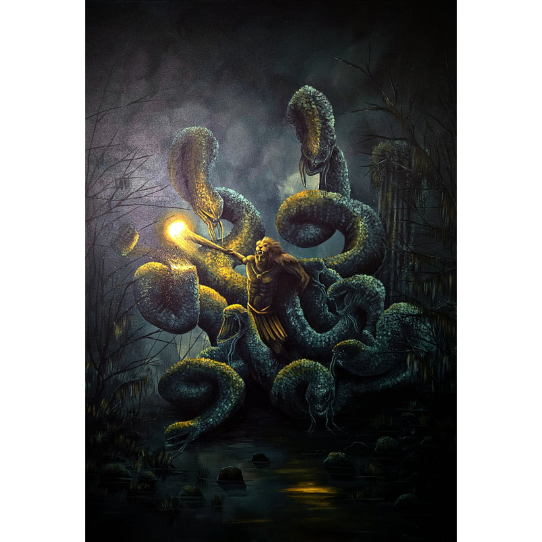 painting of a hydra and its slayer